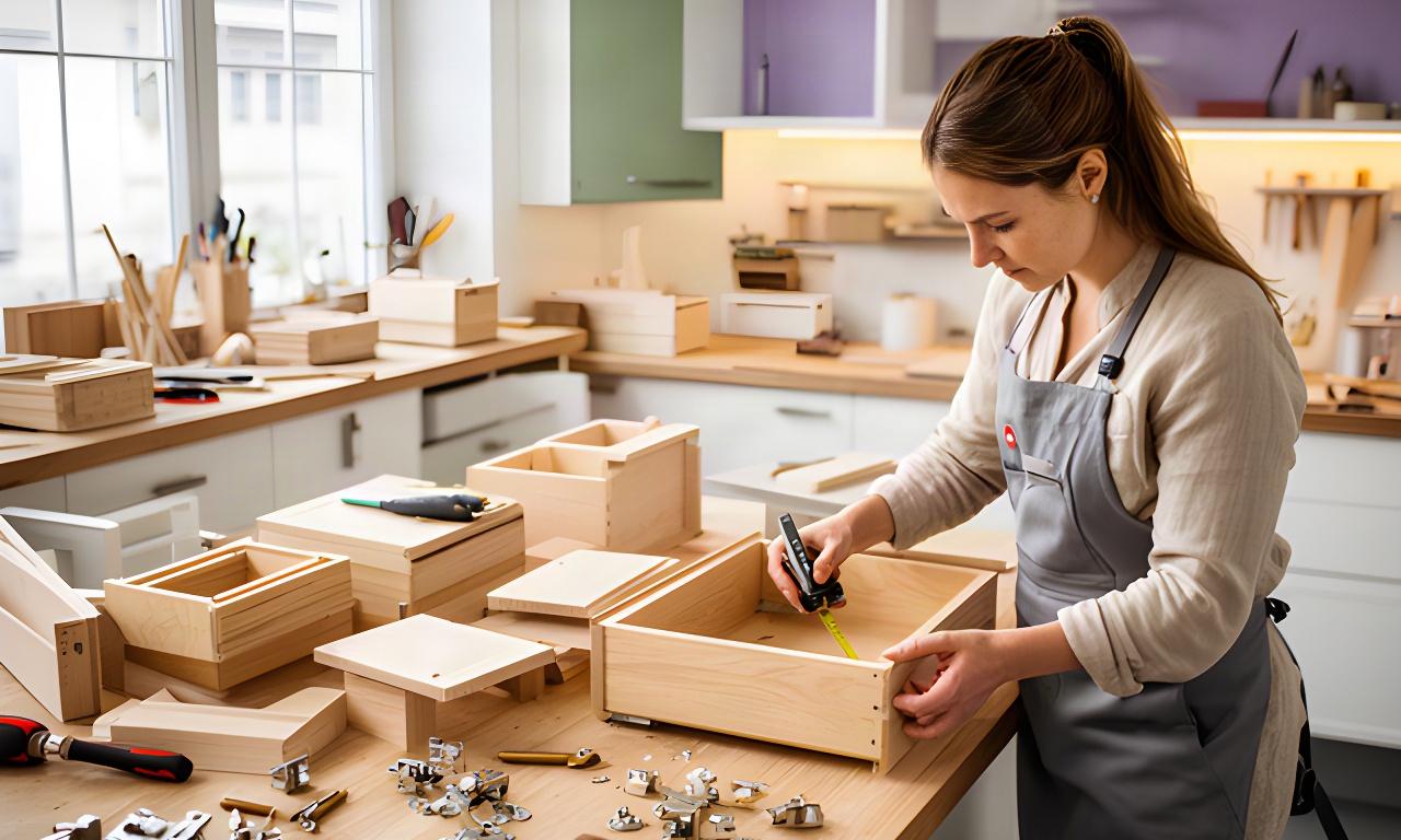 Schreinerin misst eine Schublade in der hellen Werkstatt von Gerbi Behälter in Pfäffikon SZ