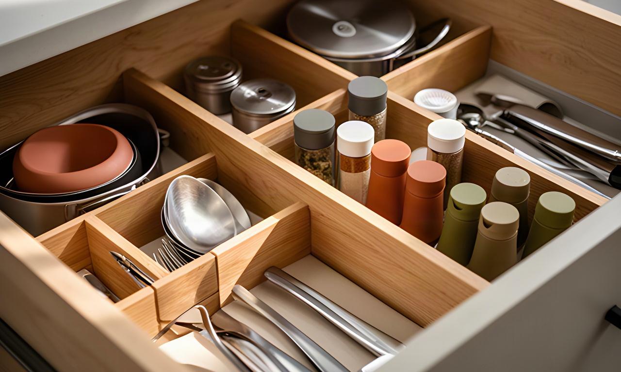 Detailaufnahme einer ordentlich eingerichteten Küchenschublade mit Holzunterteilungen