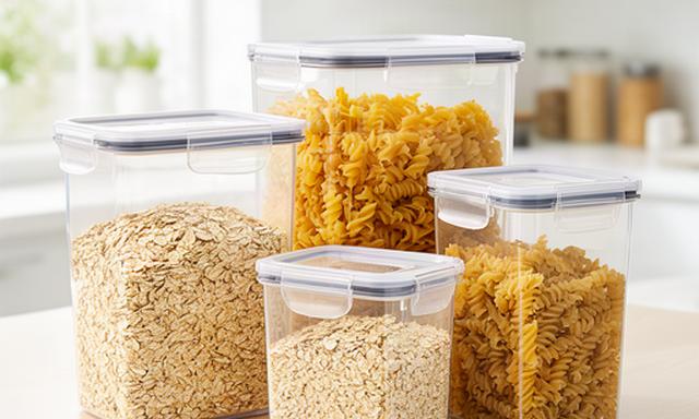 Transparente Everyday-Behälter mit Haferflocken und Pasta in einer hellen Küche